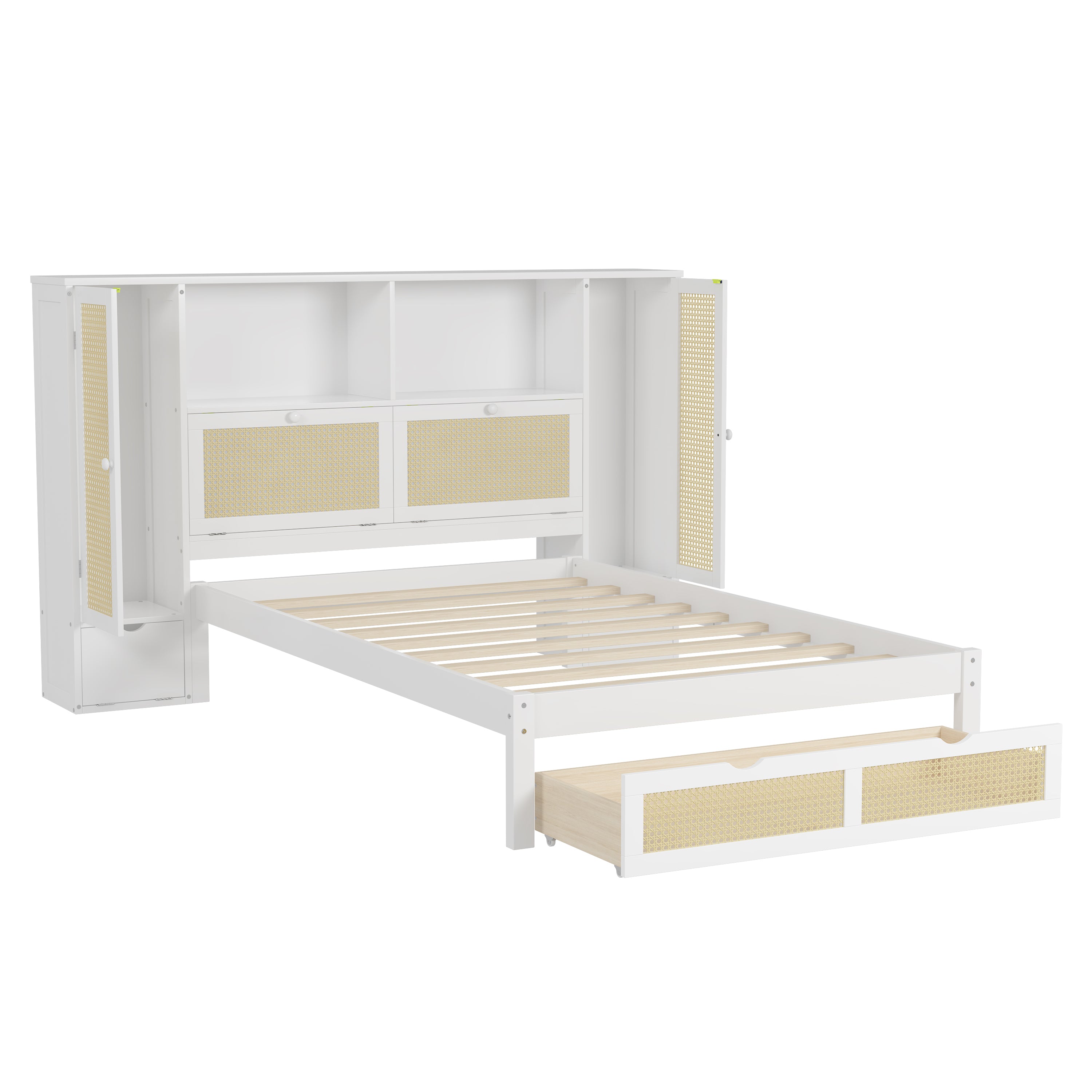 Twin Size Wooden Bed with Two Storage Lockers, Drawer, and Storage Shelf on Headboard, Multifunctional Platform Bed with Natural Rattan, White