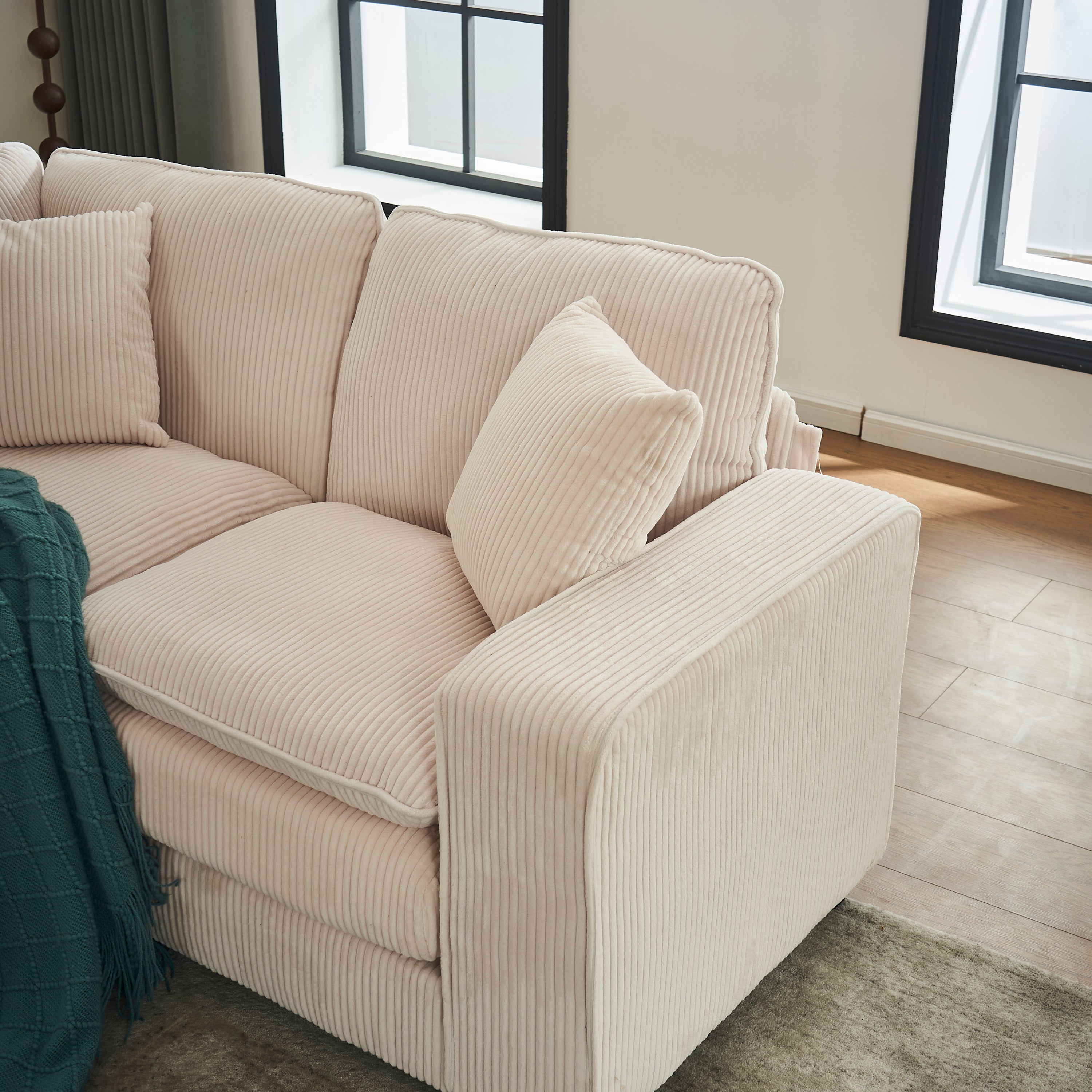 Modern U Shaped 6-seat Sectional Sofa Couch with one Ottoman and three toss pillows ,Modular Sofa for Living Room,Corduroy sofa