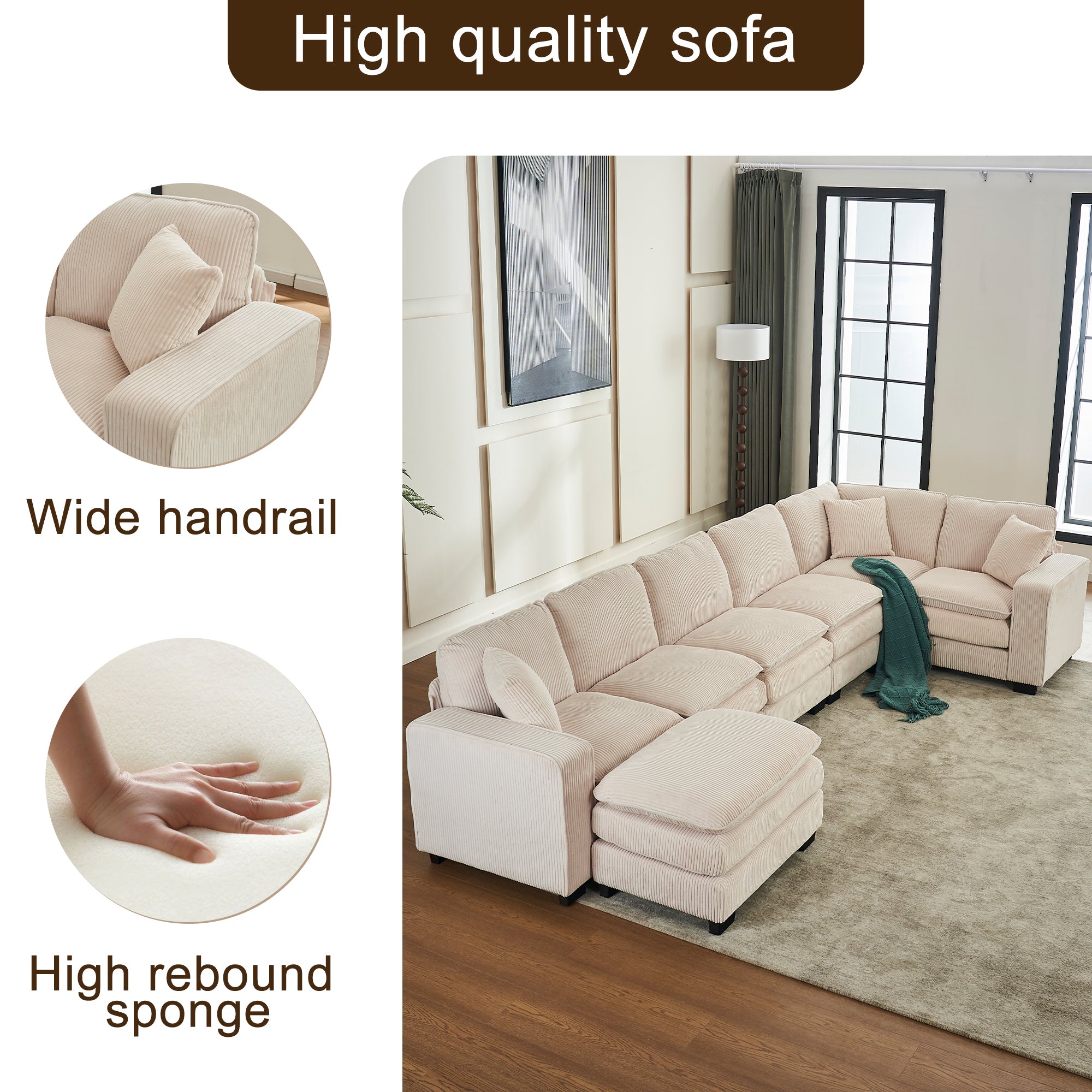 Modern U Shaped 6-seat Sectional Sofa Couch with one Ottoman and three toss pillows ,Modular Sofa for Living Room,Corduroy sofa