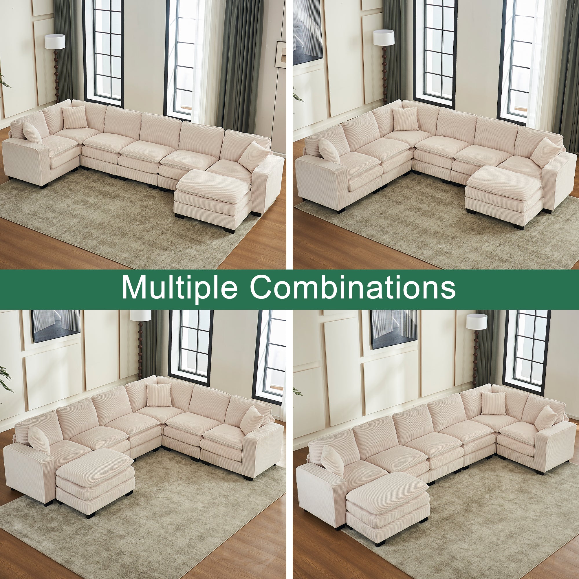 Modern U Shaped 6-seat Sectional Sofa Couch with one Ottoman and three toss pillows ,Modular Sofa for Living Room,Corduroy sofa