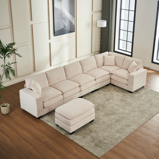 Modern U Shaped 6-seat Sectional Sofa Couch with one Ottoman and three toss pillows ,Modular Sofa for Living Room,Corduroy sofa
