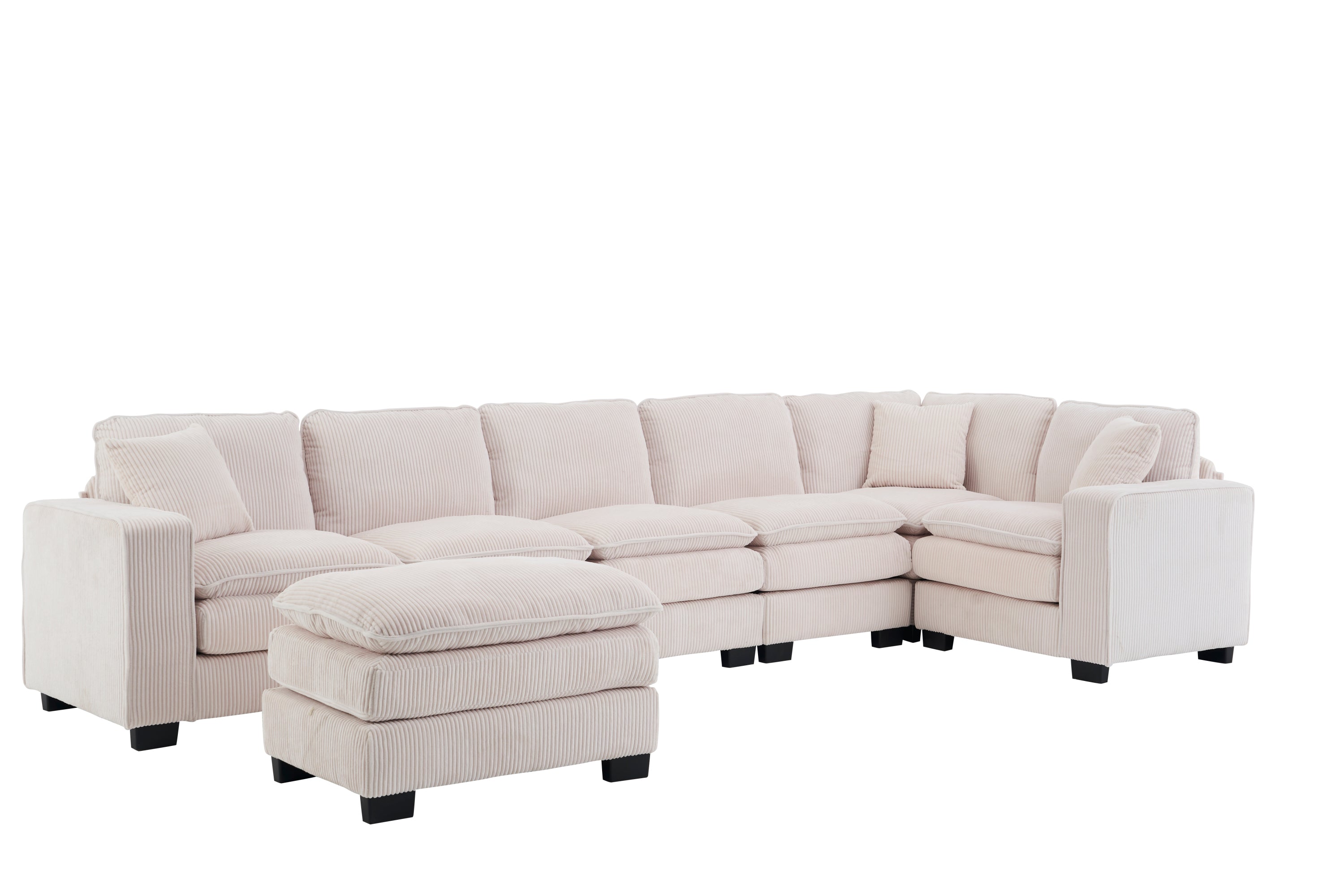 Modern U Shaped 6-seat Sectional Sofa Couch with one Ottoman and three toss pillows ,Modular Sofa for Living Room,Corduroy sofa