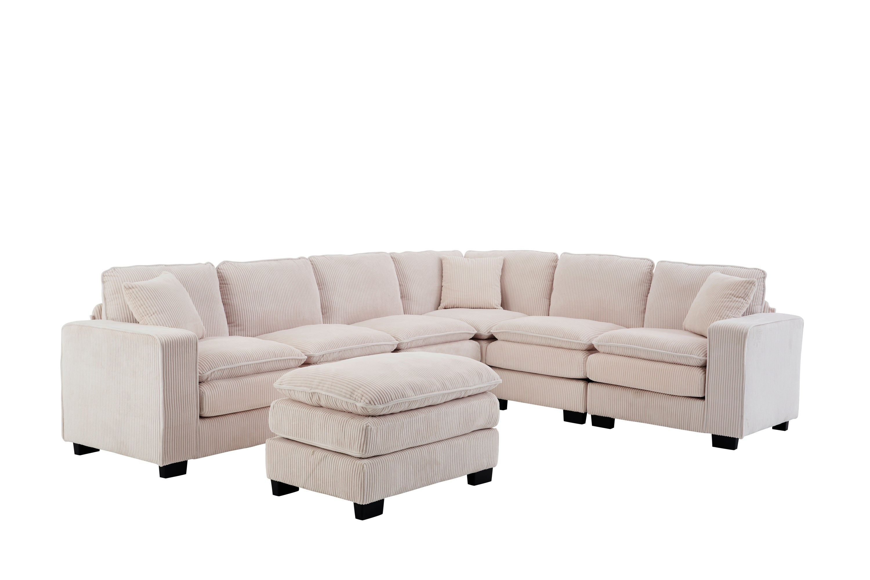 Modern U Shaped 6-seat Sectional Sofa Couch with one Ottoman and three toss pillows ,Modular Sofa for Living Room,Corduroy sofa