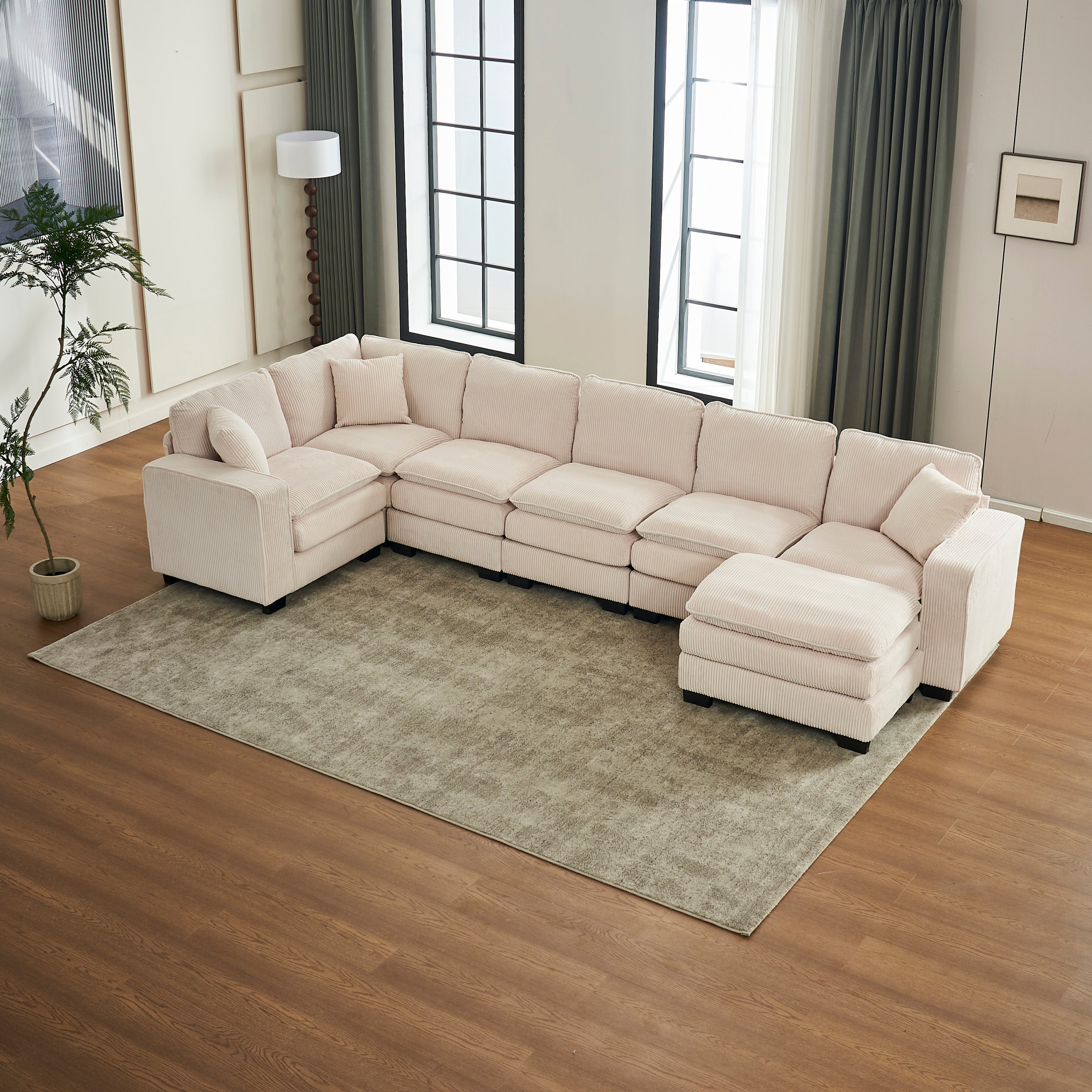 Modern U Shaped 6-seat Sectional Sofa Couch with one Ottoman and three toss pillows ,Modular Sofa for Living Room,Corduroy sofa