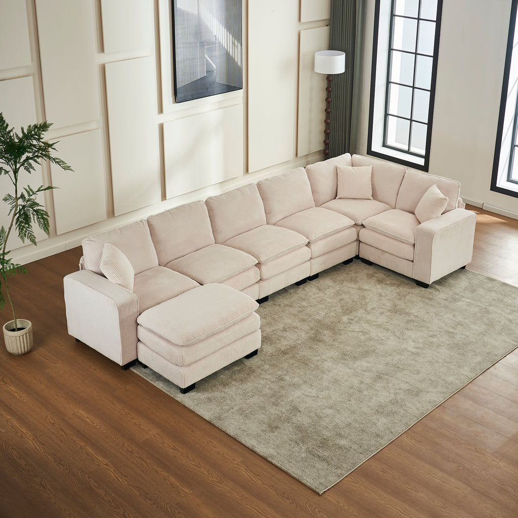 Modern U Shaped 6-seat Sectional Sofa Couch with one Ottoman and three toss pillows ,Modular Sofa for Living Room,Corduroy sofa