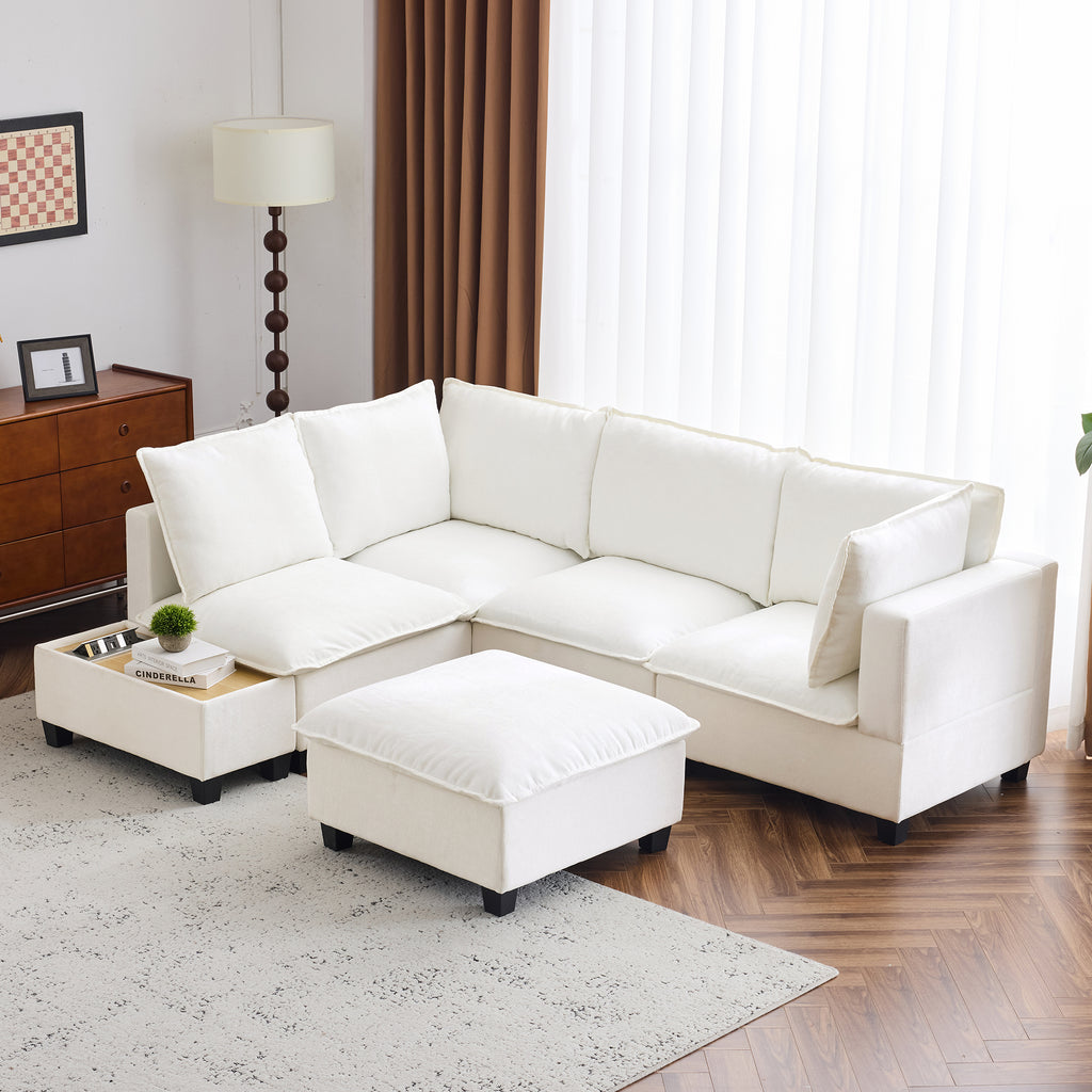 90' U-shaped Sectional Sofa Modular Sofa Couch with a Movable Ottoman , a Coffee Table with Hidden Charging Devices for Living Room, White