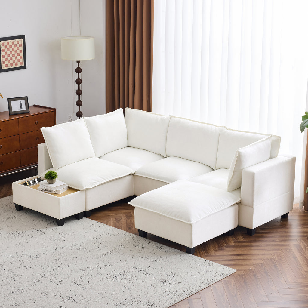 90' U-shaped Sectional Sofa Modular Sofa Couch with a Movable Ottoman , a Coffee Table with Hidden Charging Devices for Living Room, White