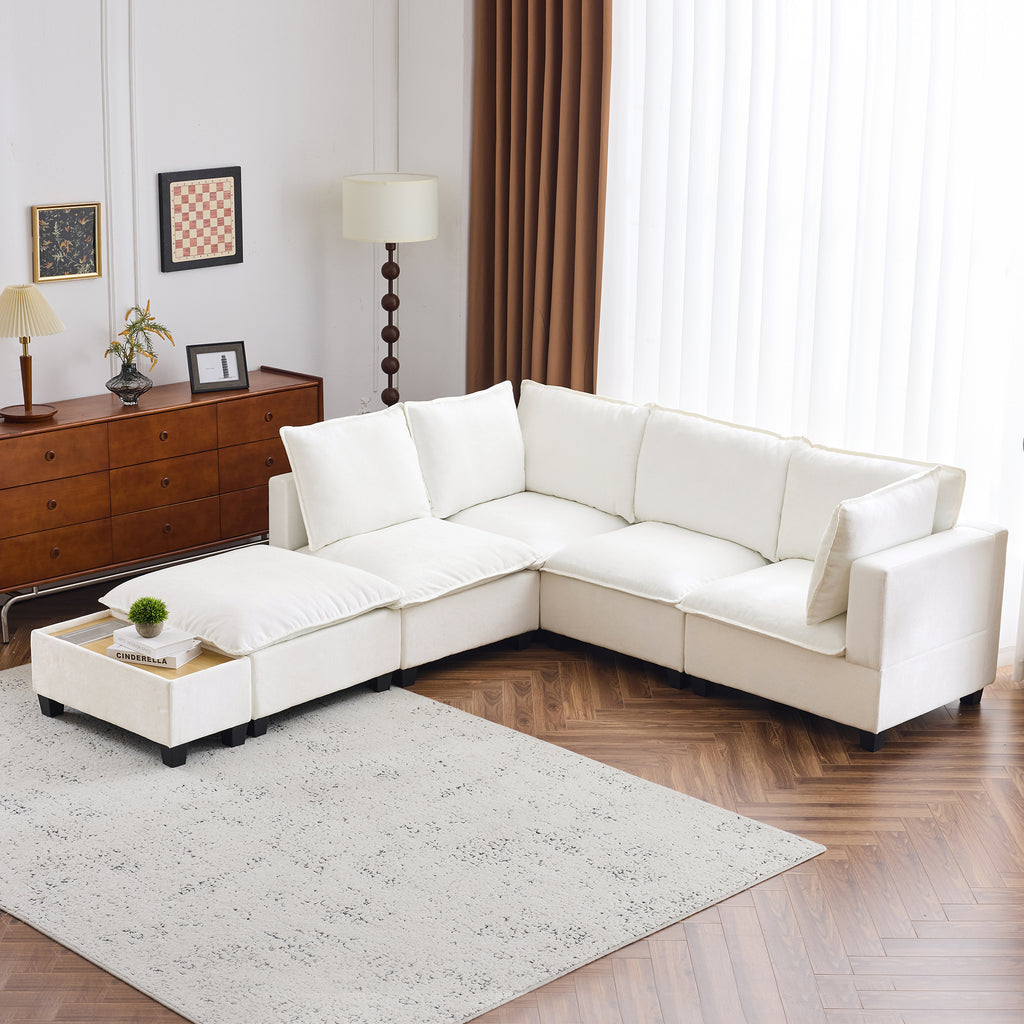 90' U-shaped Sectional Sofa Modular Sofa Couch with a Movable Ottoman , a Coffee Table with Hidden Charging Devices for Living Room, White