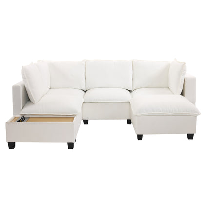 90' U-shaped Sectional Sofa Modular Sofa Couch with a Movable Ottoman , a Coffee Table with Hidden Charging Devices for Living Room, White