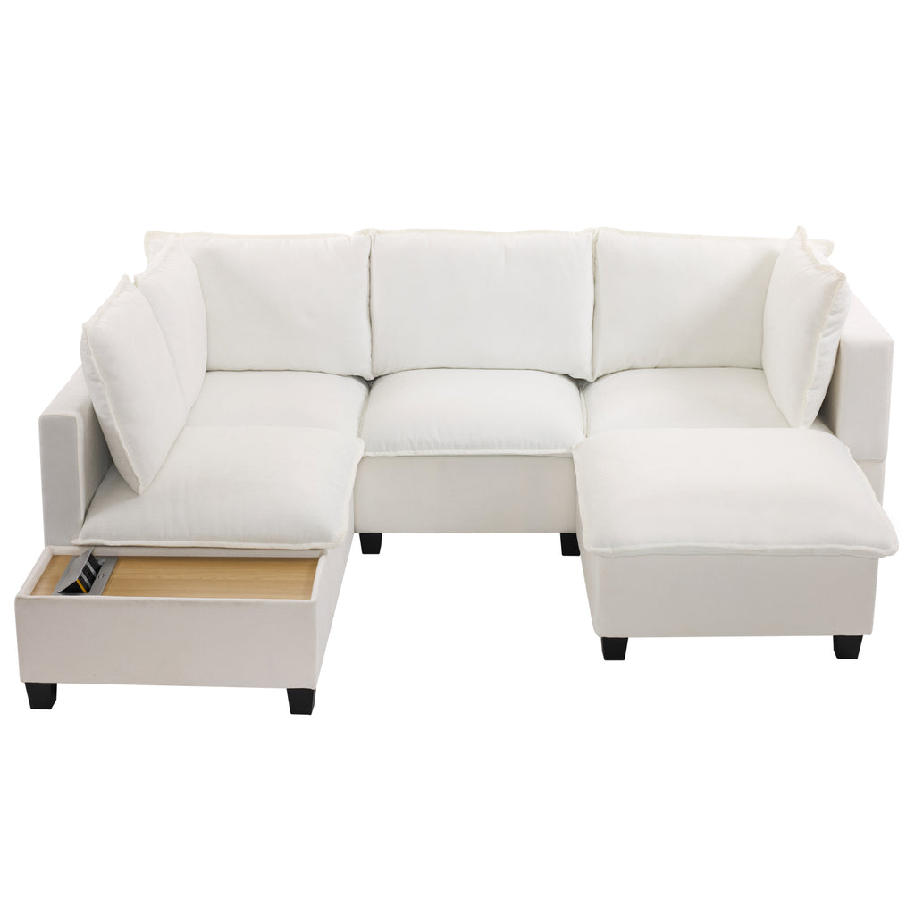 90' U-shaped Sectional Sofa Modular Sofa Couch with a Movable Ottoman , a Coffee Table with Hidden Charging Devices for Living Room, White
