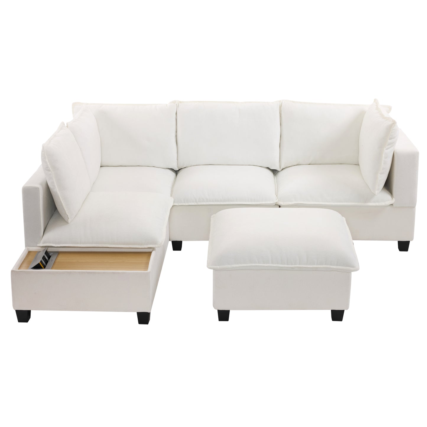 90' U-shaped Sectional Sofa Modular Sofa Couch with a Movable Ottoman , a Coffee Table with Hidden Charging Devices for Living Room, White