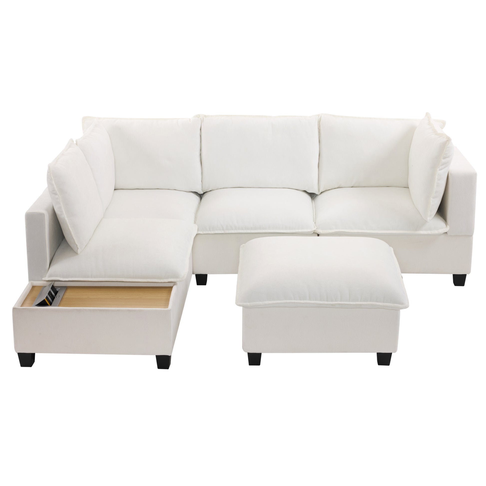 90' U-shaped Sectional Sofa Modular Sofa Couch with a Movable Ottoman , a Coffee Table with Hidden Charging Devices for Living Room, White
