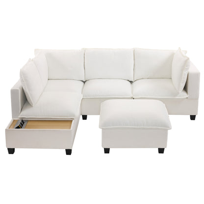90' U-shaped Sectional Sofa Modular Sofa Couch with a Movable Ottoman , a Coffee Table with Hidden Charging Devices for Living Room, White