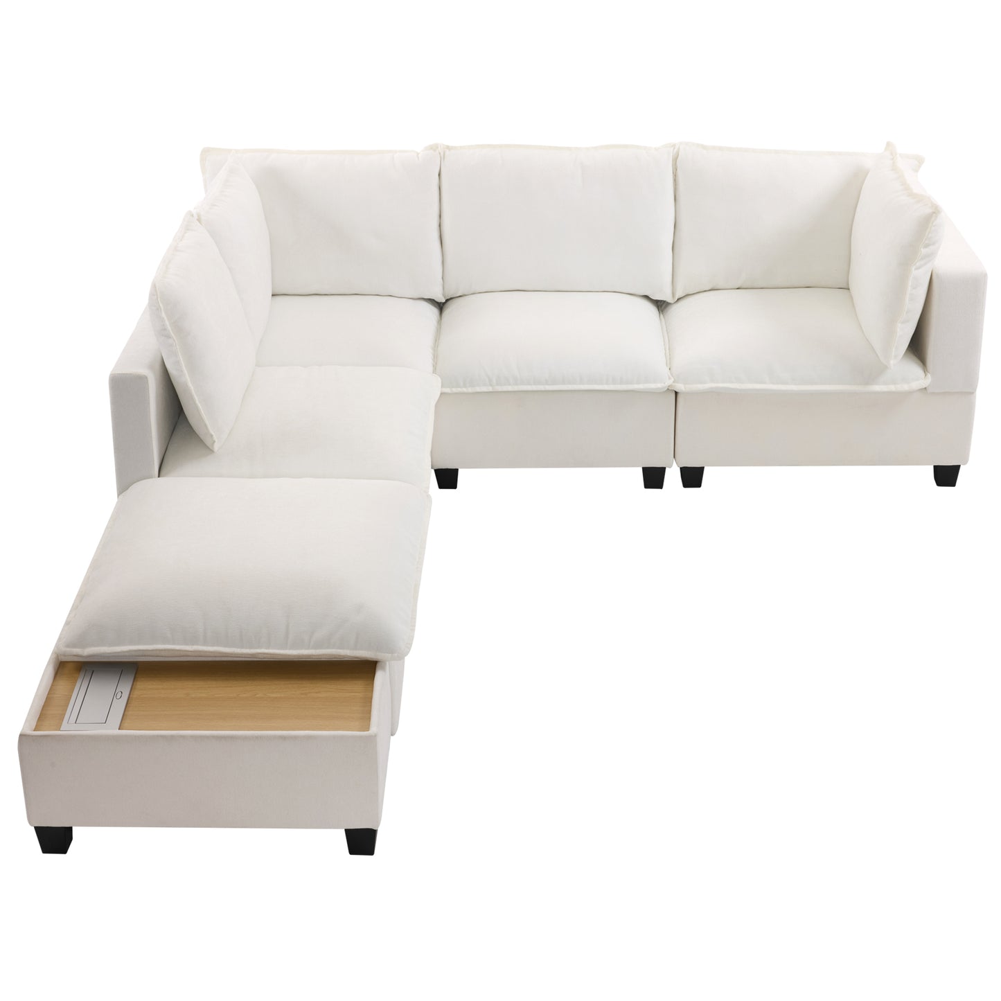90' U-shaped Sectional Sofa Modular Sofa Couch with a Movable Ottoman , a Coffee Table with Hidden Charging Devices for Living Room, White