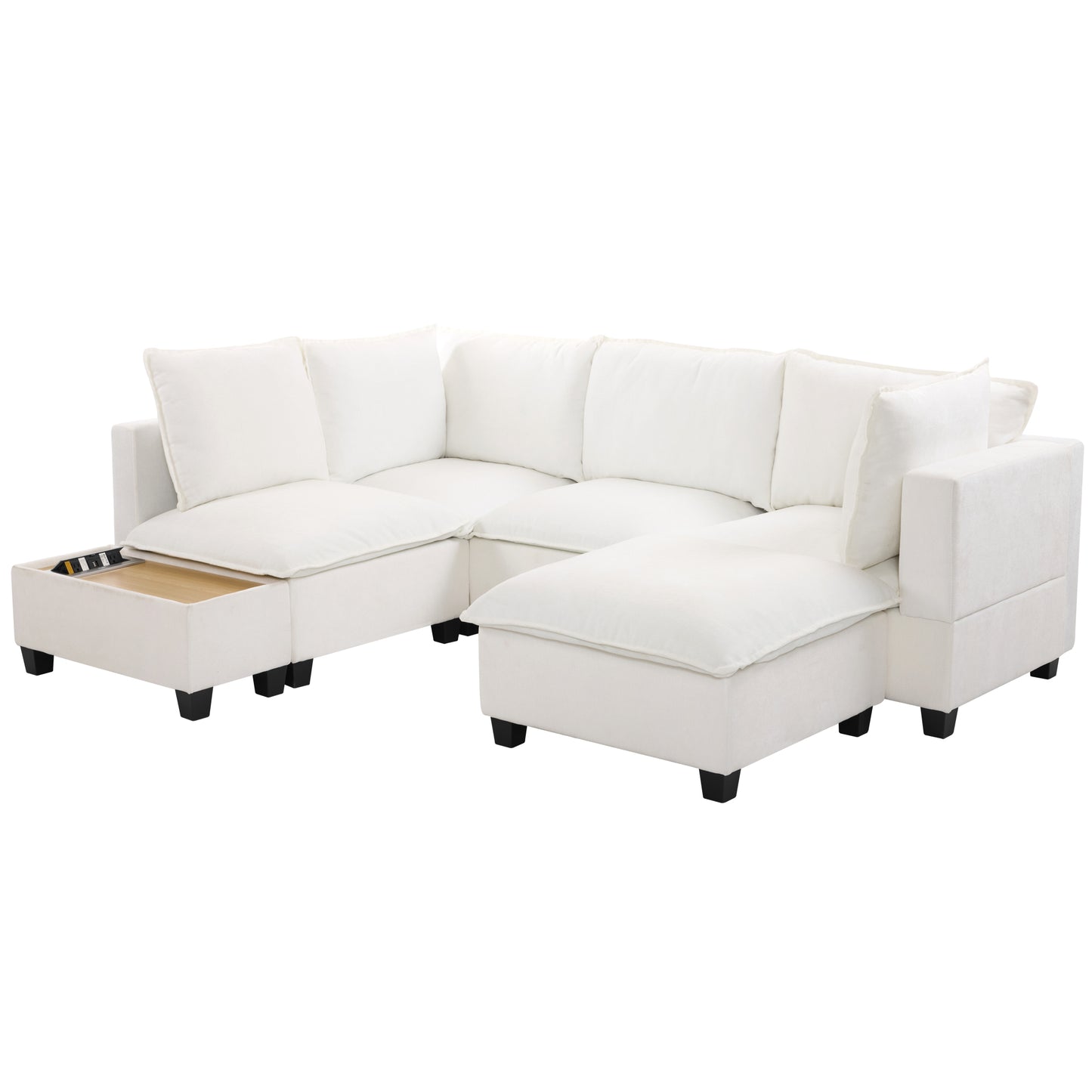 90' U-shaped Sectional Sofa Modular Sofa Couch with a Movable Ottoman , a Coffee Table with Hidden Charging Devices for Living Room, White
