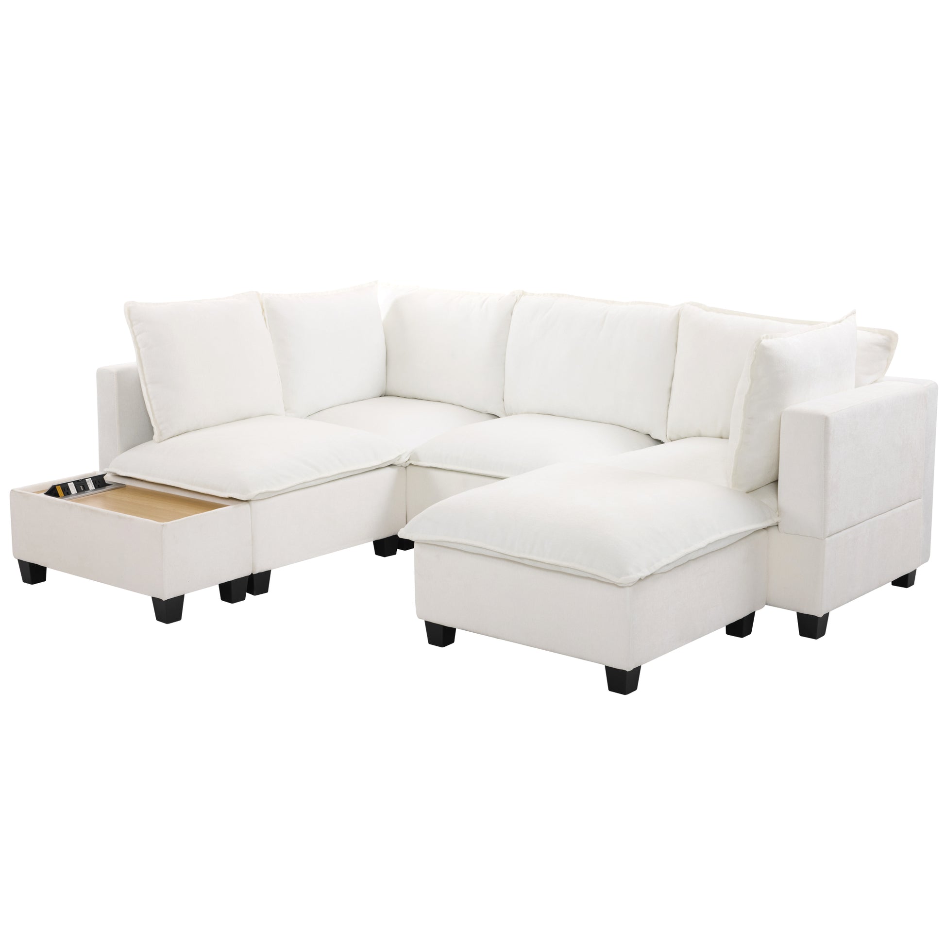 90' U-shaped Sectional Sofa Modular Sofa Couch with a Movable Ottoman , a Coffee Table with Hidden Charging Devices for Living Room, White