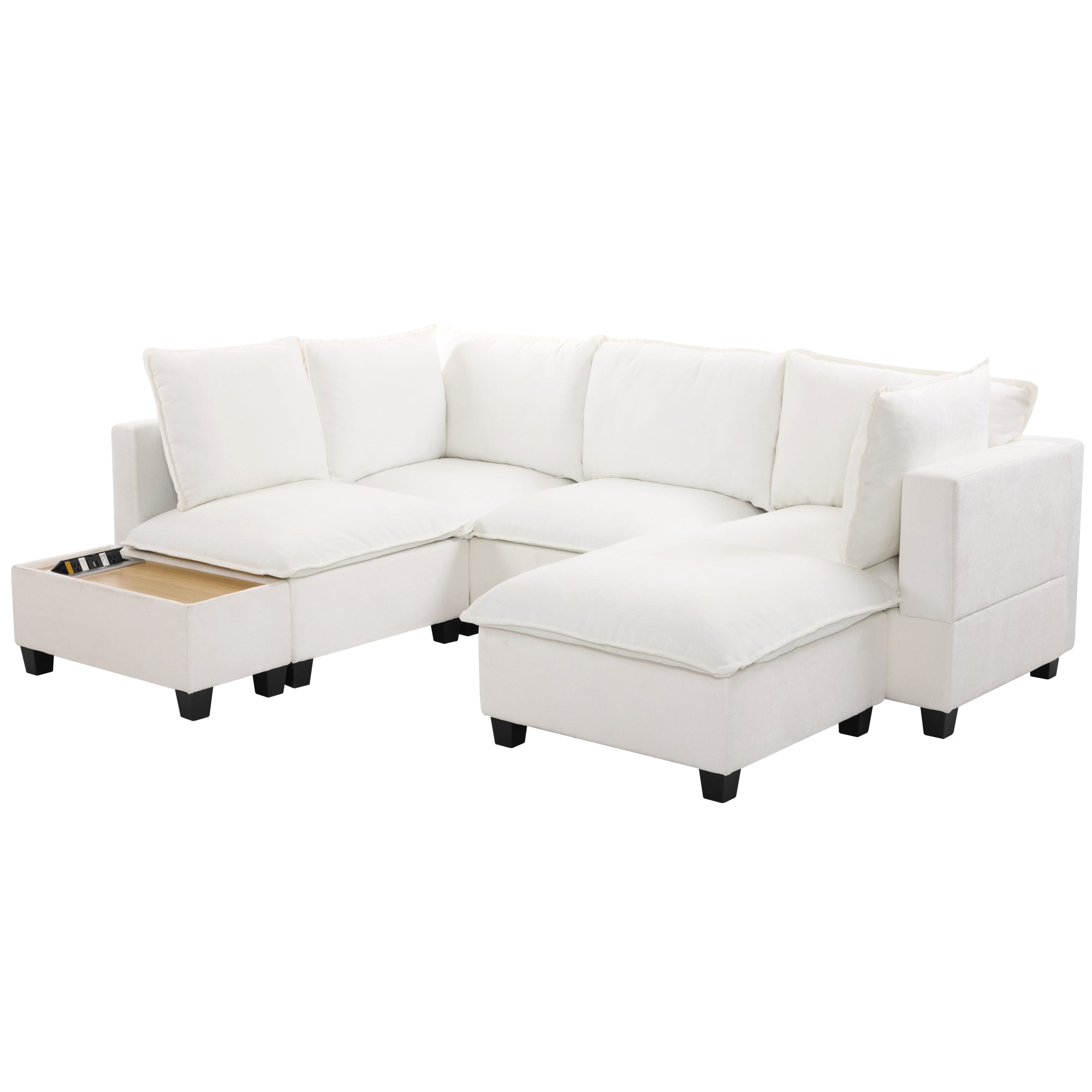 90' U-shaped Sectional Sofa Modular Sofa Couch with a Movable Ottoman , a Coffee Table with Hidden Charging Devices for Living Room, White