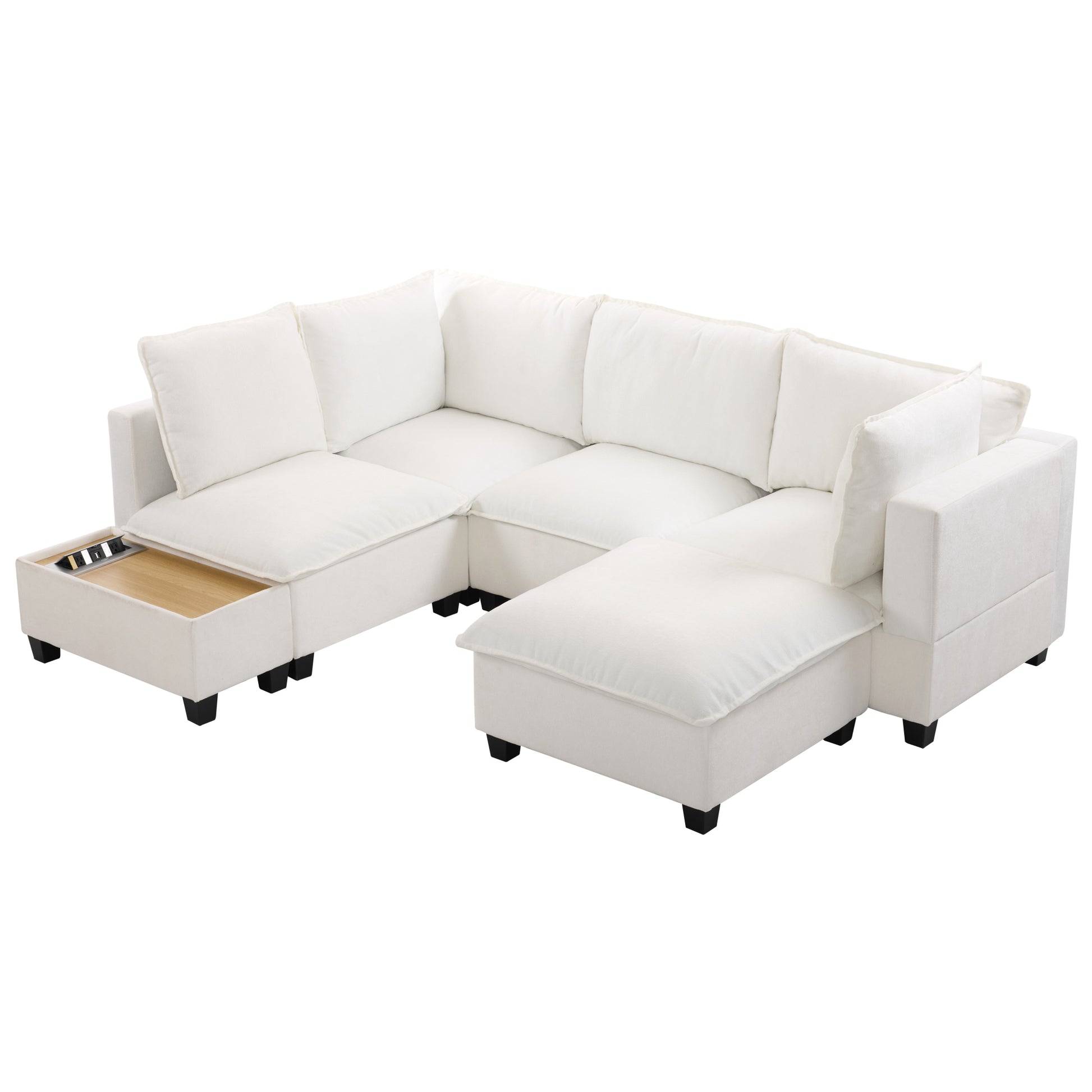 90' U-shaped Sectional Sofa Modular Sofa Couch with a Movable Ottoman , a Coffee Table with Hidden Charging Devices for Living Room, White