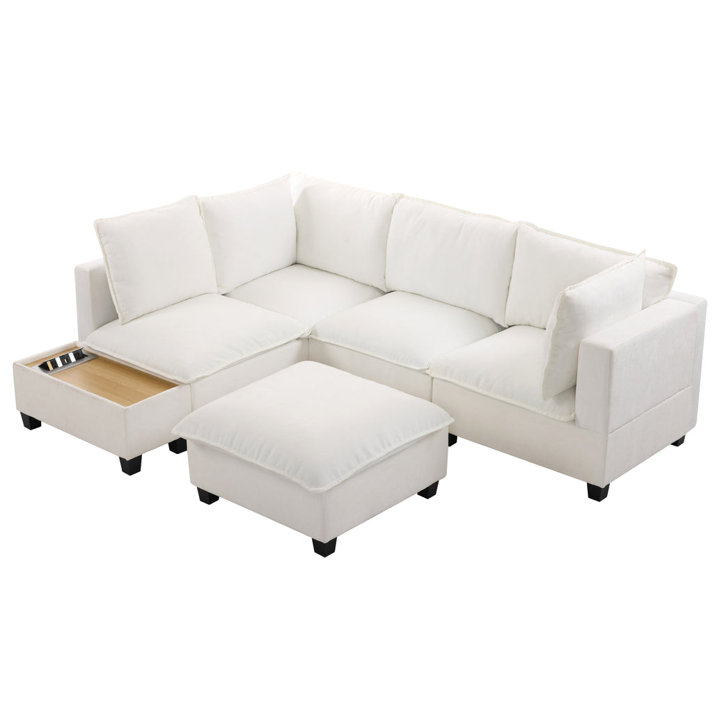 90' U-shaped Sectional Sofa Modular Sofa Couch with a Movable Ottoman , a Coffee Table with Hidden Charging Devices for Living Room, White