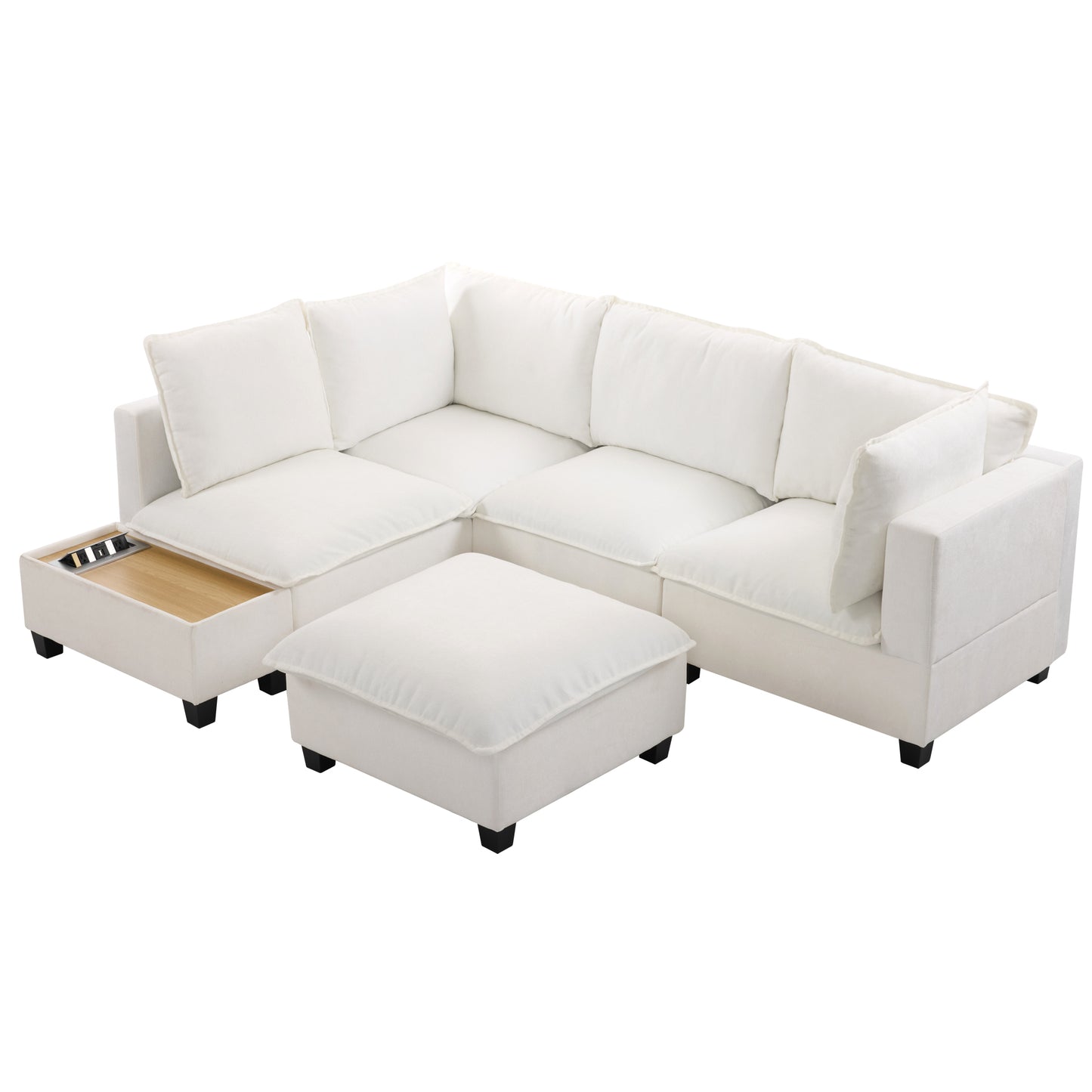 90' U-shaped Sectional Sofa Modular Sofa Couch with a Movable Ottoman , a Coffee Table with Hidden Charging Devices for Living Room, White
