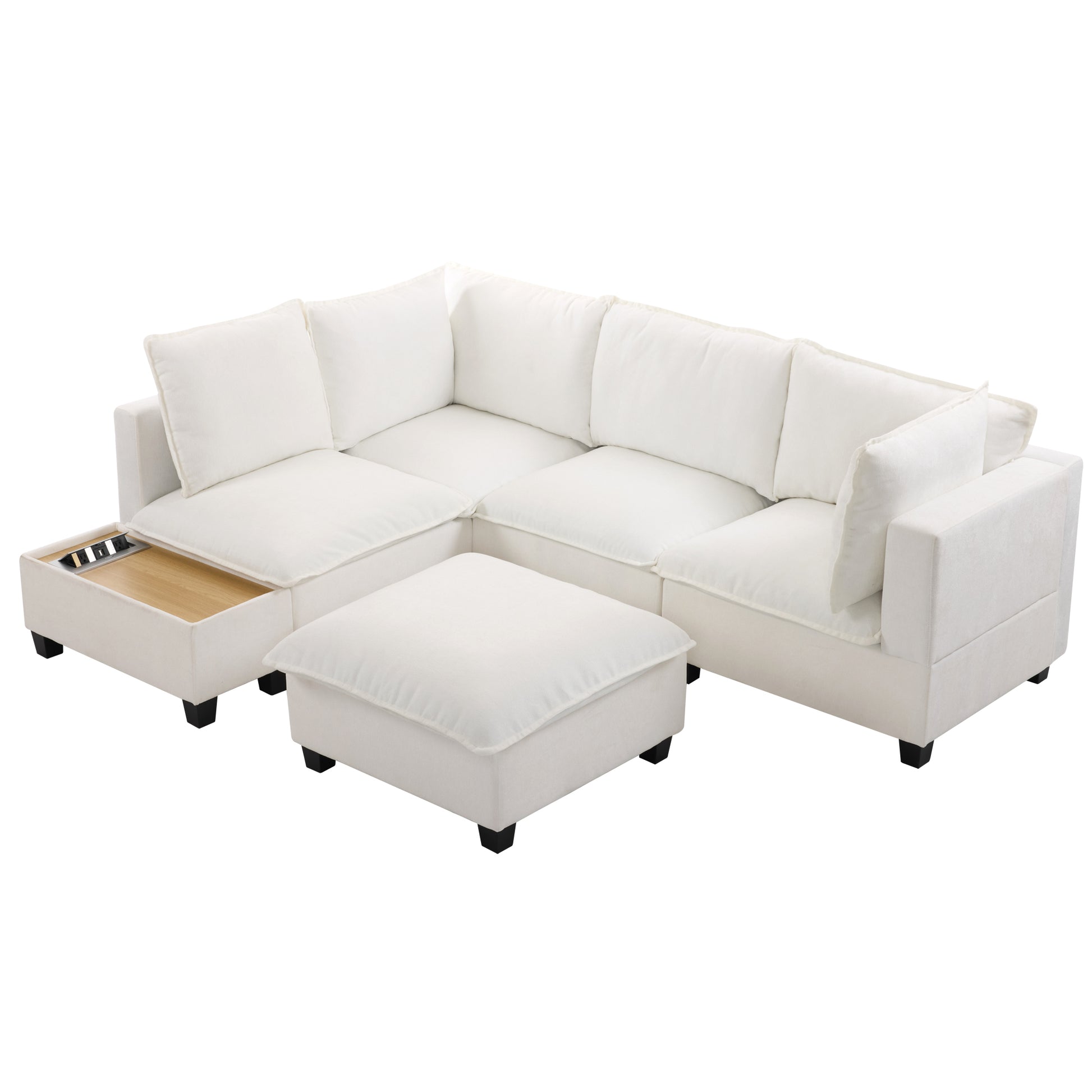 90' U-shaped Sectional Sofa Modular Sofa Couch with a Movable Ottoman , a Coffee Table with Hidden Charging Devices for Living Room, White