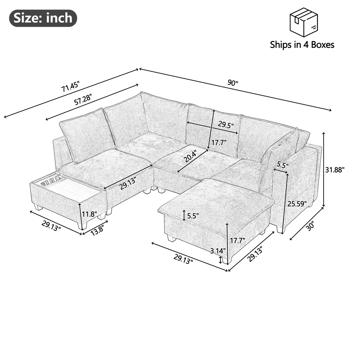 90' U-shaped Sectional Sofa Modular Sofa Couch with a Movable Ottoman , a Coffee Table with Hidden Charging Devices for Living Room, White