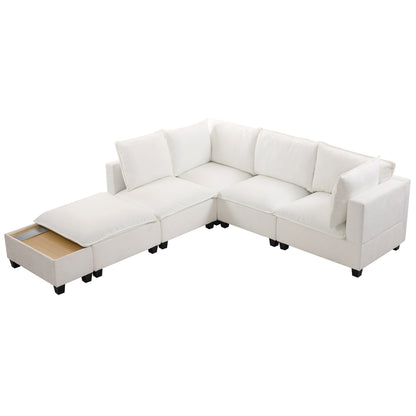 90' U-shaped Sectional Sofa Modular Sofa Couch with a Movable Ottoman , a Coffee Table with Hidden Charging Devices for Living Room, White