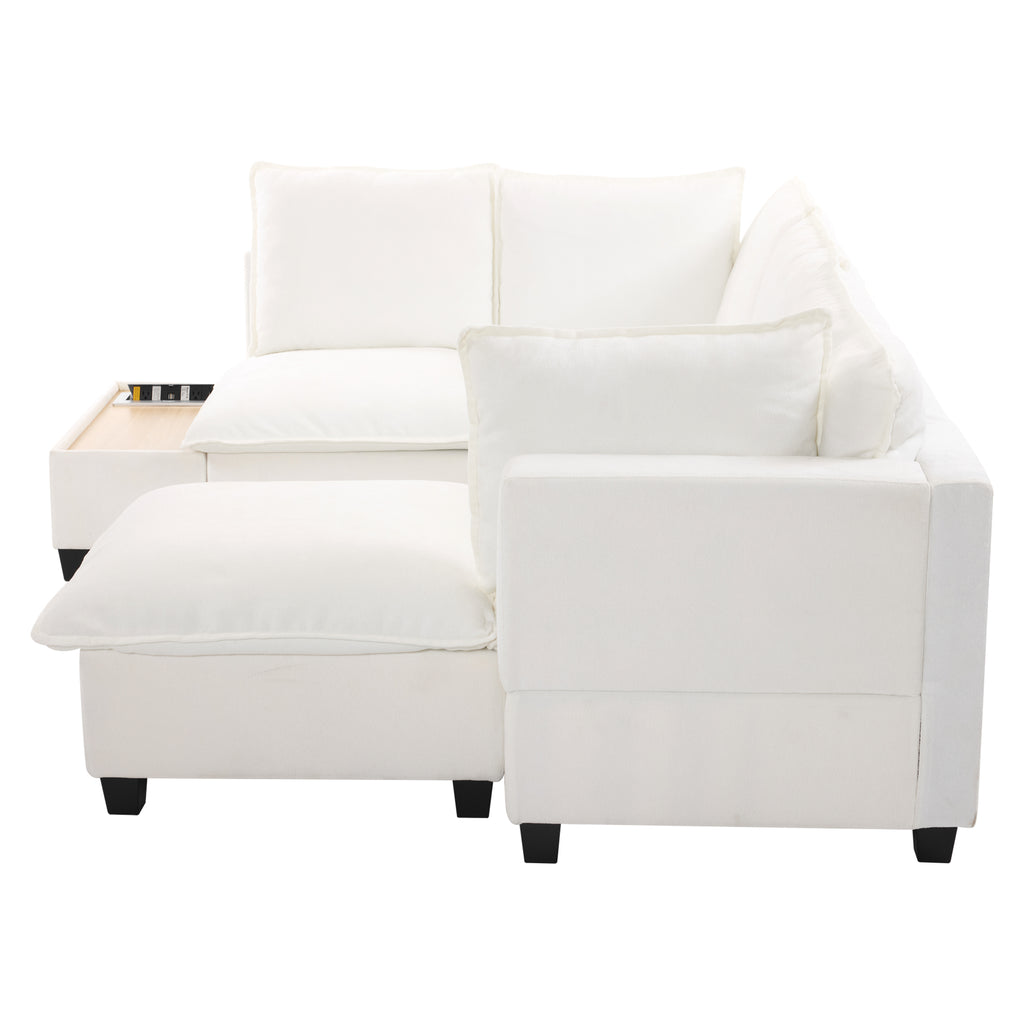 90' U-shaped Sectional Sofa Modular Sofa Couch with a Movable Ottoman , a Coffee Table with Hidden Charging Devices for Living Room, White