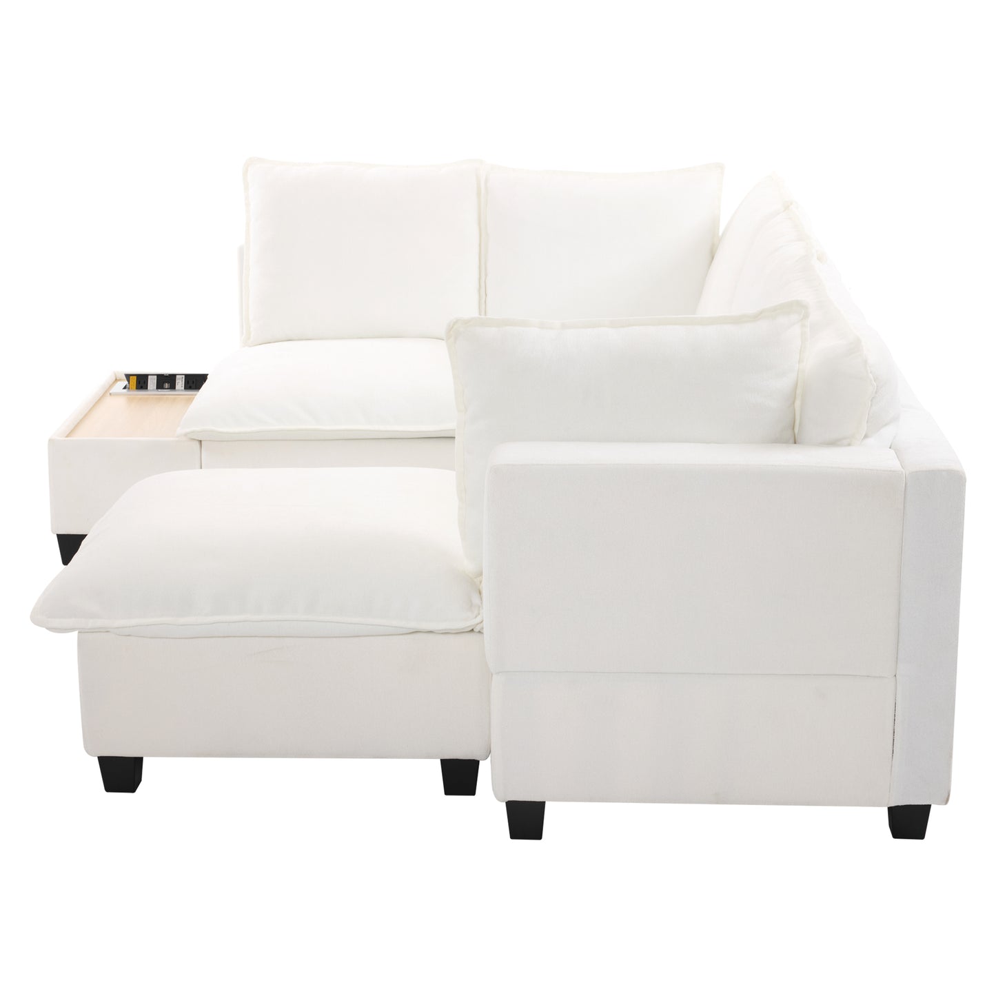 90' U-shaped Sectional Sofa Modular Sofa Couch with a Movable Ottoman , a Coffee Table with Hidden Charging Devices for Living Room, White