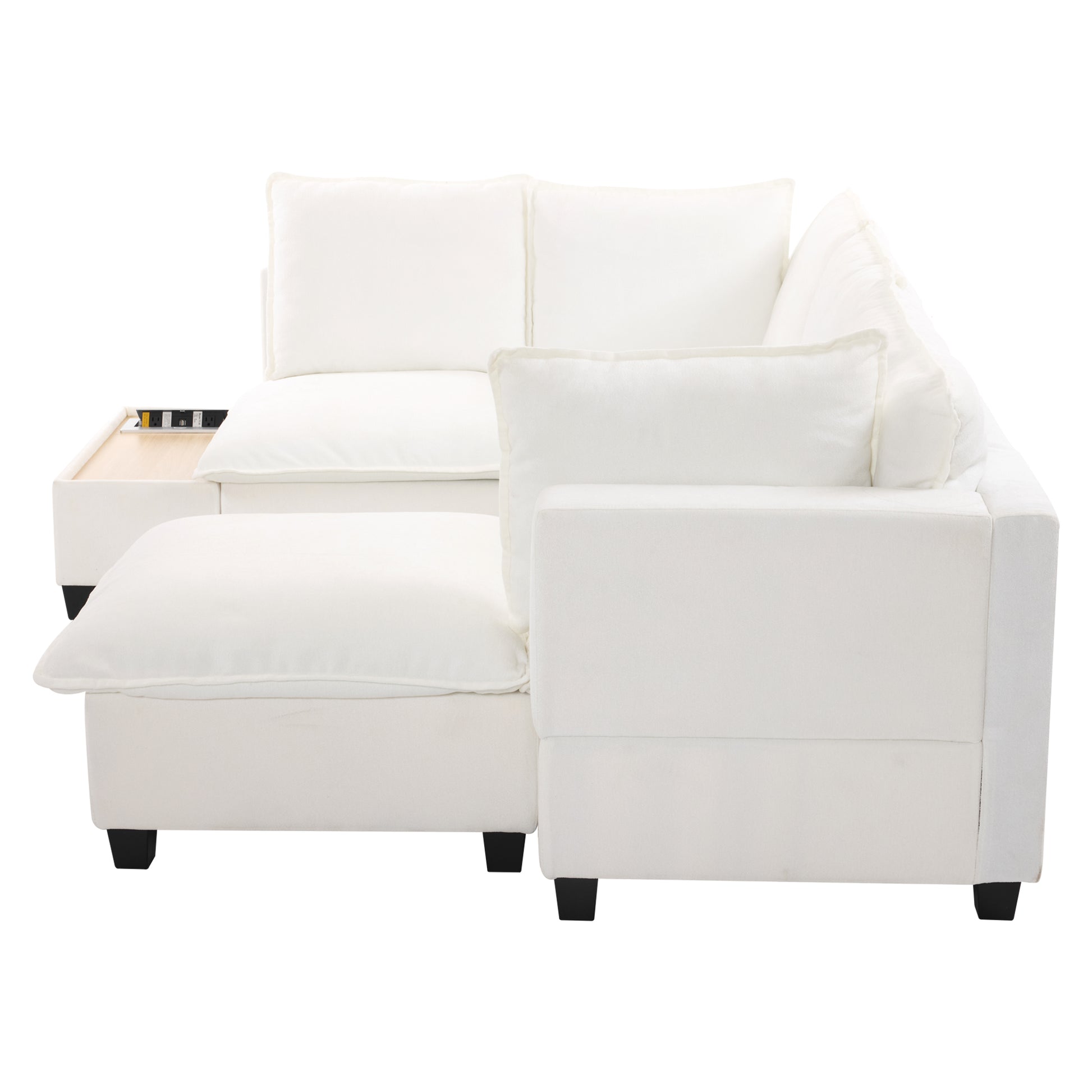 90' U-shaped Sectional Sofa Modular Sofa Couch with a Movable Ottoman , a Coffee Table with Hidden Charging Devices for Living Room, White