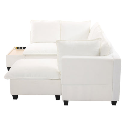90' U-shaped Sectional Sofa Modular Sofa Couch with a Movable Ottoman , a Coffee Table with Hidden Charging Devices for Living Room, White