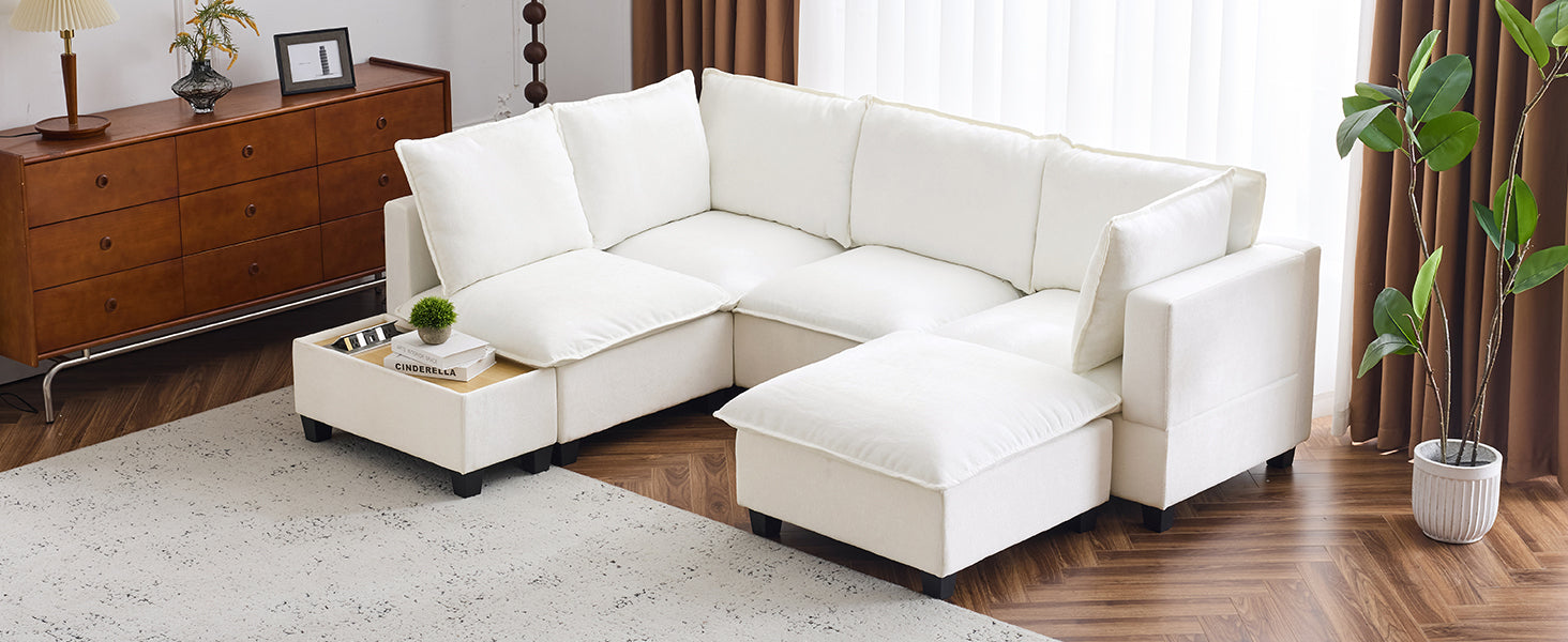90' U-shaped Sectional Sofa Modular Sofa Couch with a Movable Ottoman , a Coffee Table with Hidden Charging Devices for Living Room, White