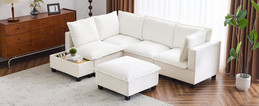90' U-shaped Sectional Sofa Modular Sofa Couch with a Movable Ottoman , a Coffee Table with Hidden Charging Devices for Living Room, White