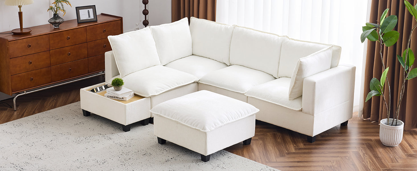 90' U-shaped Sectional Sofa Modular Sofa Couch with a Movable Ottoman , a Coffee Table with Hidden Charging Devices for Living Room, White