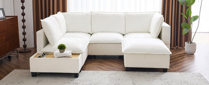 90' U-shaped Sectional Sofa Modular Sofa Couch with a Movable Ottoman , a Coffee Table with Hidden Charging Devices for Living Room, White