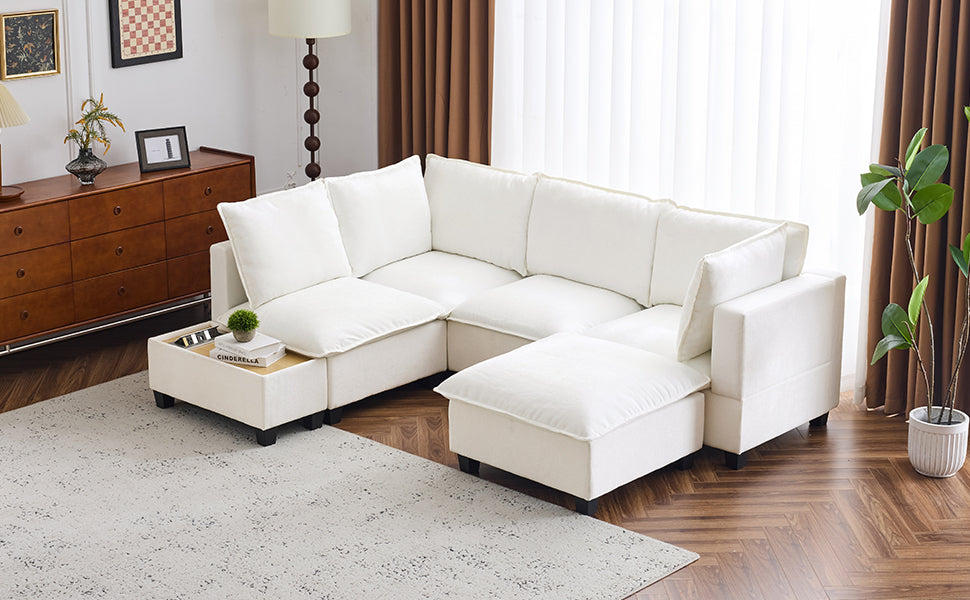 90' U-shaped Sectional Sofa Modular Sofa Couch with a Movable Ottoman , a Coffee Table with Hidden Charging Devices for Living Room, White