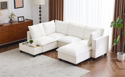 90' U-shaped Sectional Sofa Modular Sofa Couch with a Movable Ottoman , a Coffee Table with Hidden Charging Devices for Living Room, White