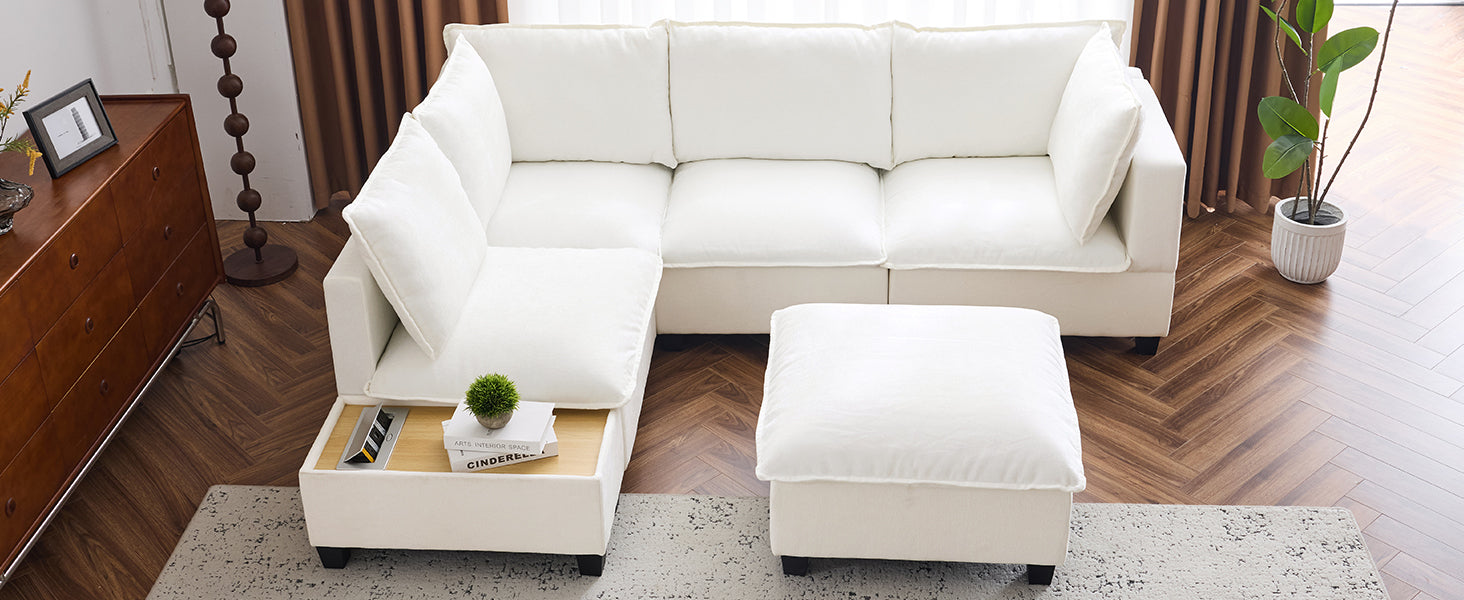 90' U-shaped Sectional Sofa Modular Sofa Couch with a Movable Ottoman , a Coffee Table with Hidden Charging Devices for Living Room, White