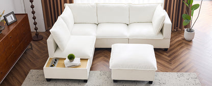 90' U-shaped Sectional Sofa Modular Sofa Couch with a Movable Ottoman , a Coffee Table with Hidden Charging Devices for Living Room, White
