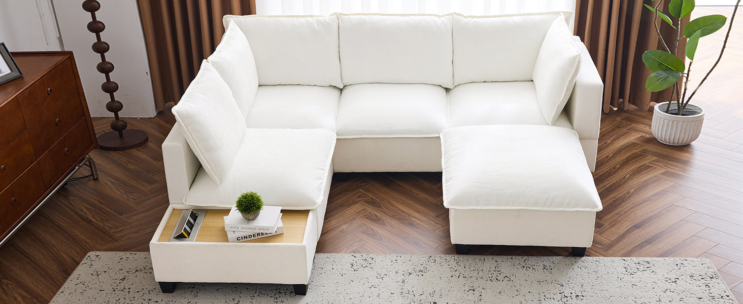 90' U-shaped Sectional Sofa Modular Sofa Couch with a Movable Ottoman , a Coffee Table with Hidden Charging Devices for Living Room, White