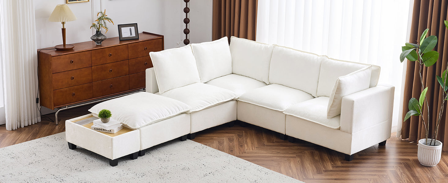 90' U-shaped Sectional Sofa Modular Sofa Couch with a Movable Ottoman , a Coffee Table with Hidden Charging Devices for Living Room, White