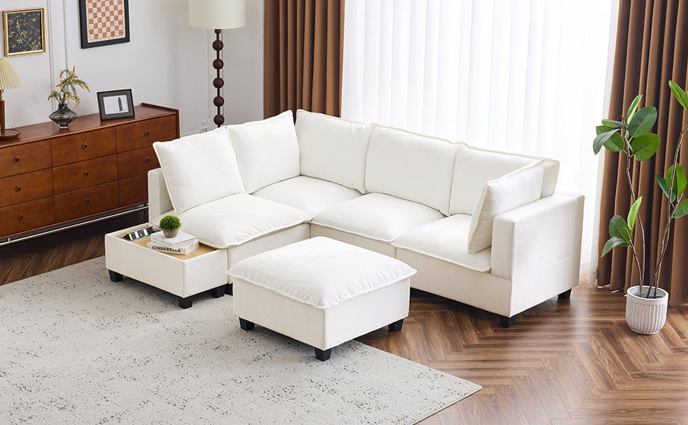 90' U-shaped Sectional Sofa Modular Sofa Couch with a Movable Ottoman , a Coffee Table with Hidden Charging Devices for Living Room, White