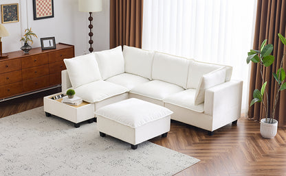 90' U-shaped Sectional Sofa Modular Sofa Couch with a Movable Ottoman , a Coffee Table with Hidden Charging Devices for Living Room, White