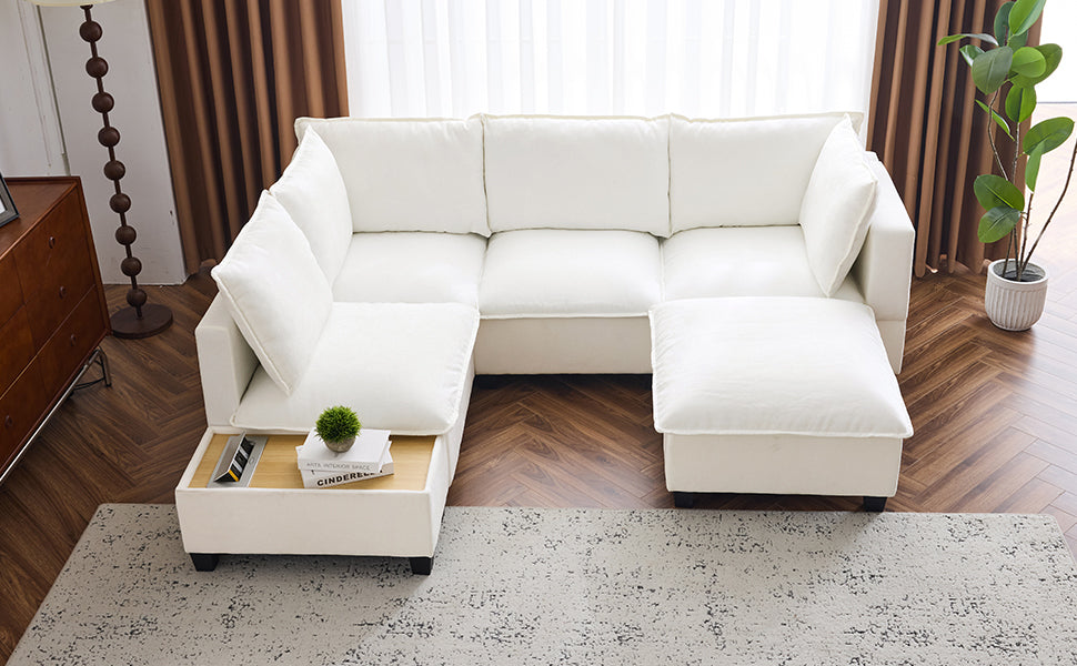 90' U-shaped Sectional Sofa Modular Sofa Couch with a Movable Ottoman , a Coffee Table with Hidden Charging Devices for Living Room, White