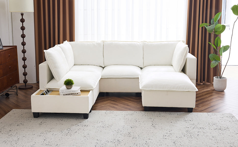 90' U-shaped Sectional Sofa Modular Sofa Couch with a Movable Ottoman , a Coffee Table with Hidden Charging Devices for Living Room, White