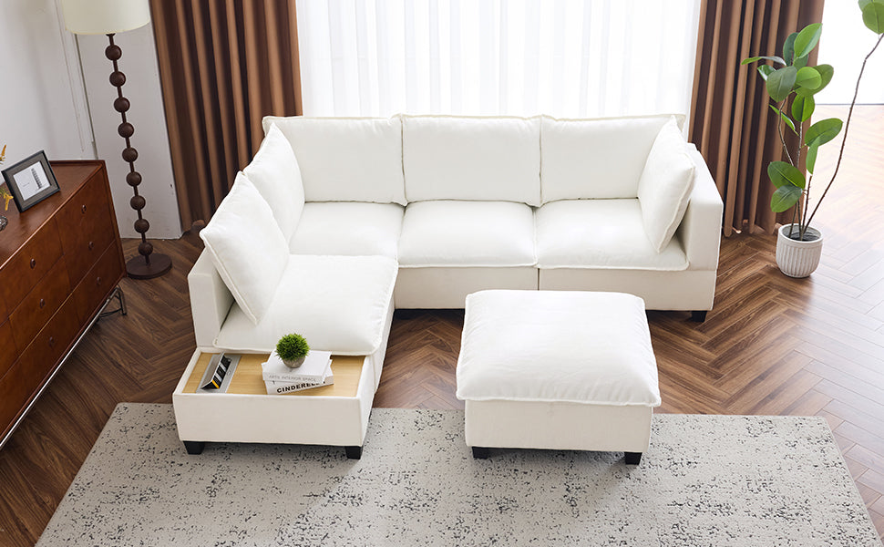 90' U-shaped Sectional Sofa Modular Sofa Couch with a Movable Ottoman , a Coffee Table with Hidden Charging Devices for Living Room, White