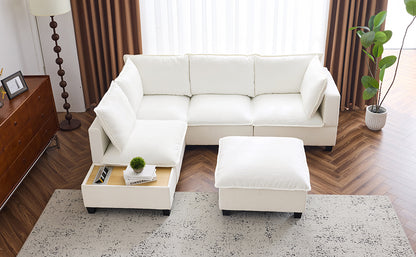 90' U-shaped Sectional Sofa Modular Sofa Couch with a Movable Ottoman , a Coffee Table with Hidden Charging Devices for Living Room, White
