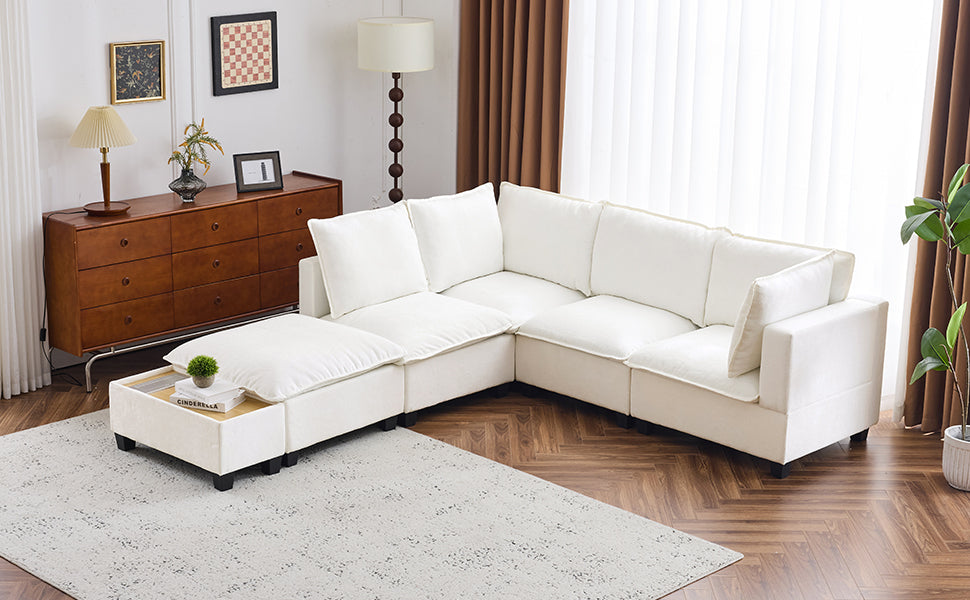 90' U-shaped Sectional Sofa Modular Sofa Couch with a Movable Ottoman , a Coffee Table with Hidden Charging Devices for Living Room, White
