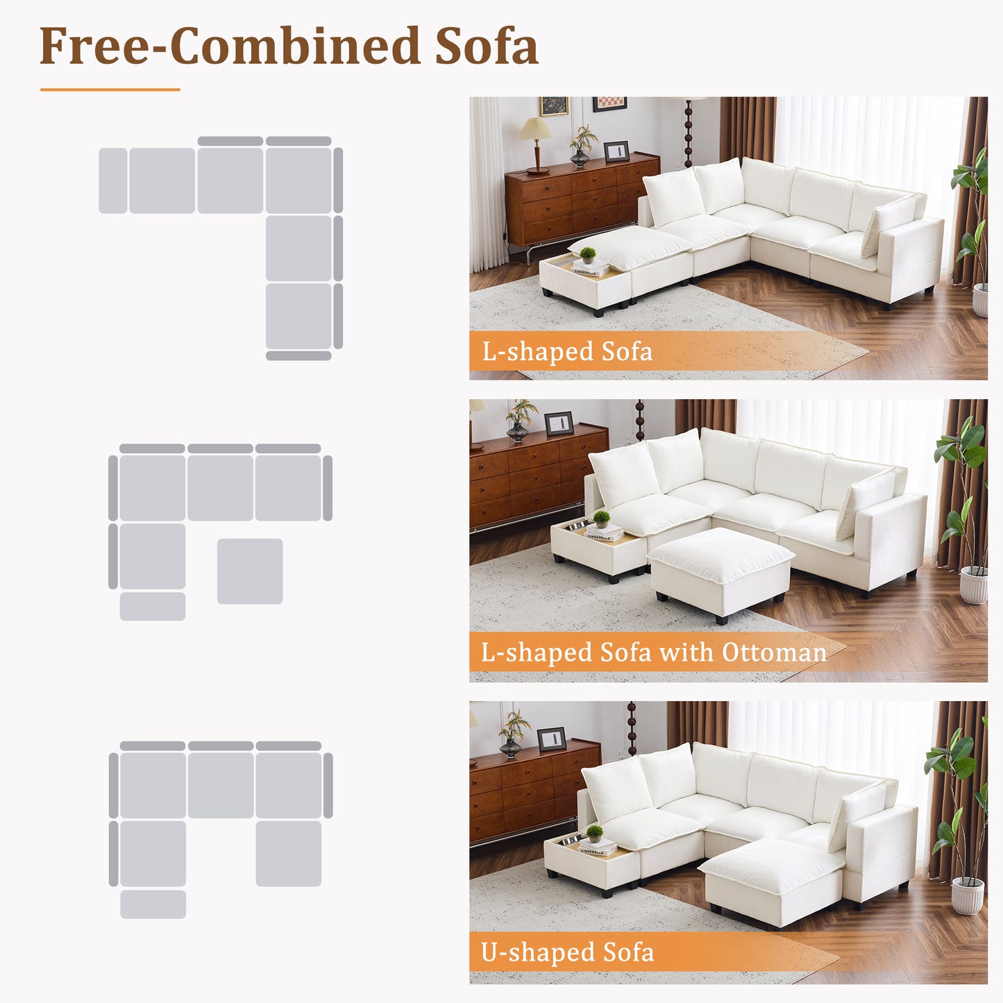 90' U-shaped Sectional Sofa Modular Sofa Couch with a Movable Ottoman , a Coffee Table with Hidden Charging Devices for Living Room, White