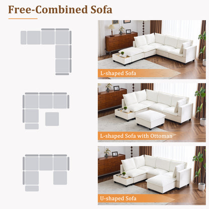 90' U-shaped Sectional Sofa Modular Sofa Couch with a Movable Ottoman , a Coffee Table with Hidden Charging Devices for Living Room, White